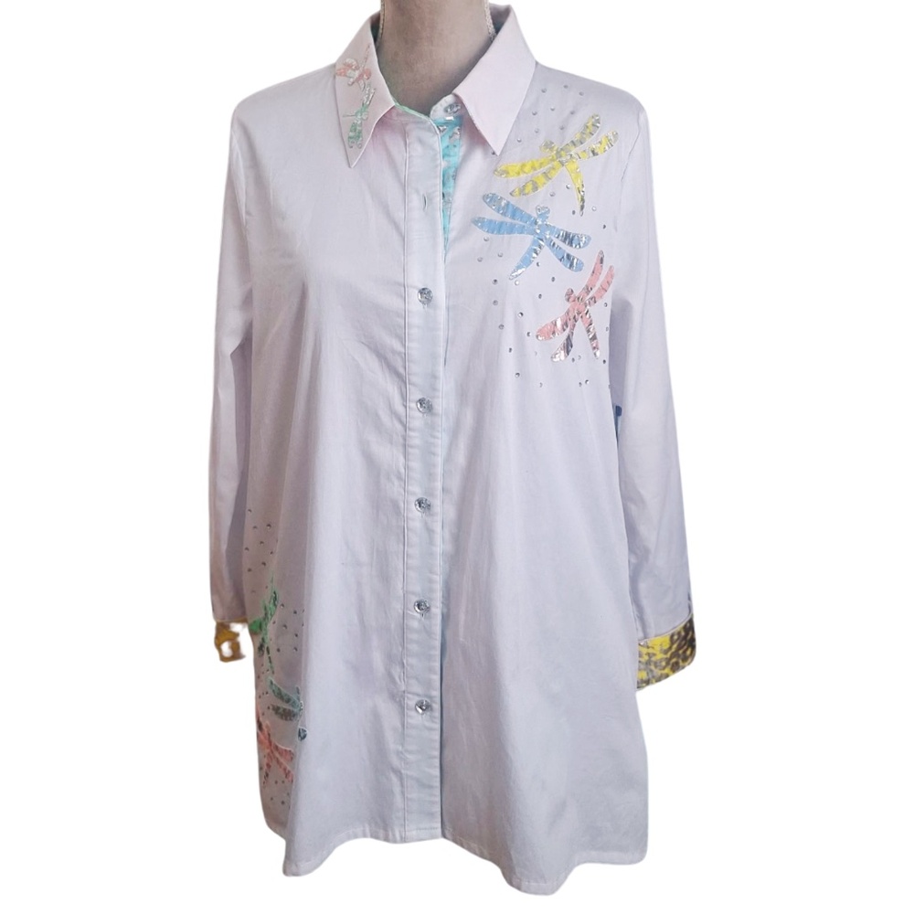 Berek White Whimsical Artsy Tunic Dragonfly Embellished Button Front Shirt Sz L